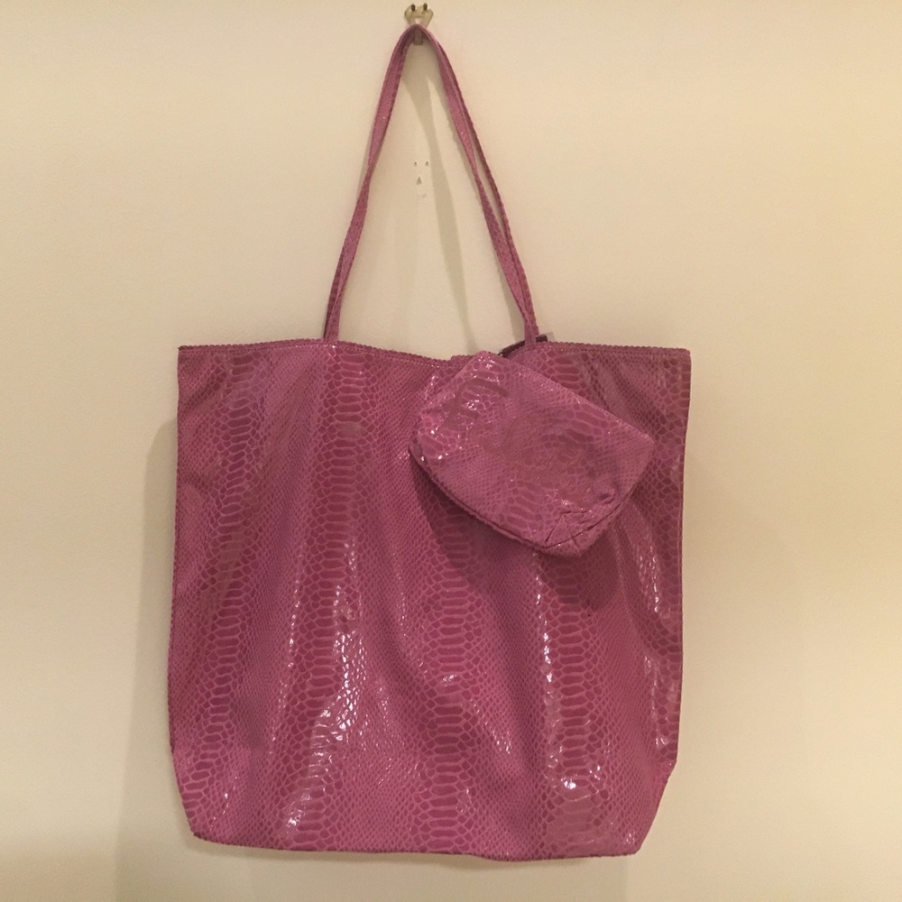 CARLOS FALCHI Tote Raspberry Snakeskin Embossed Microfiber Tote - Picture 2 of 8